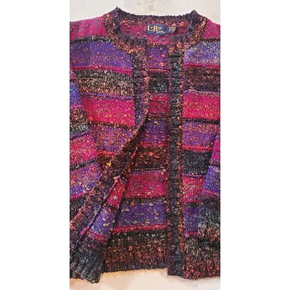 Vintage 80s Leroy Knitwear Chunky Knit Open Cardigan Sz LG Jewel Tones Cozycore - Picture 6 of 11